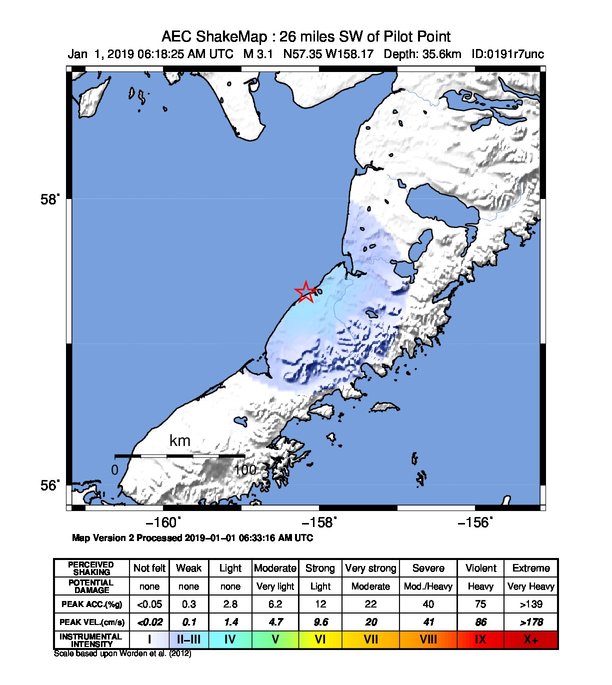 USGS ShakeMap: estimated shaking intensity around the epicenter