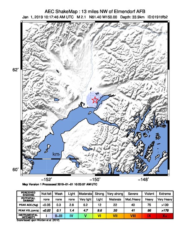USGS ShakeMap: estimated shaking intensity around the epicenter