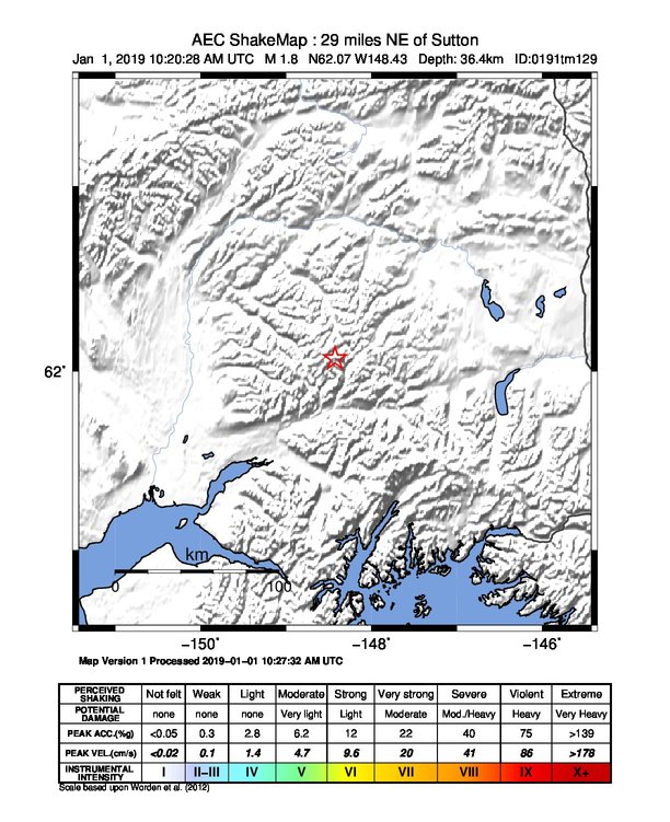 USGS ShakeMap: estimated shaking intensity around the epicenter