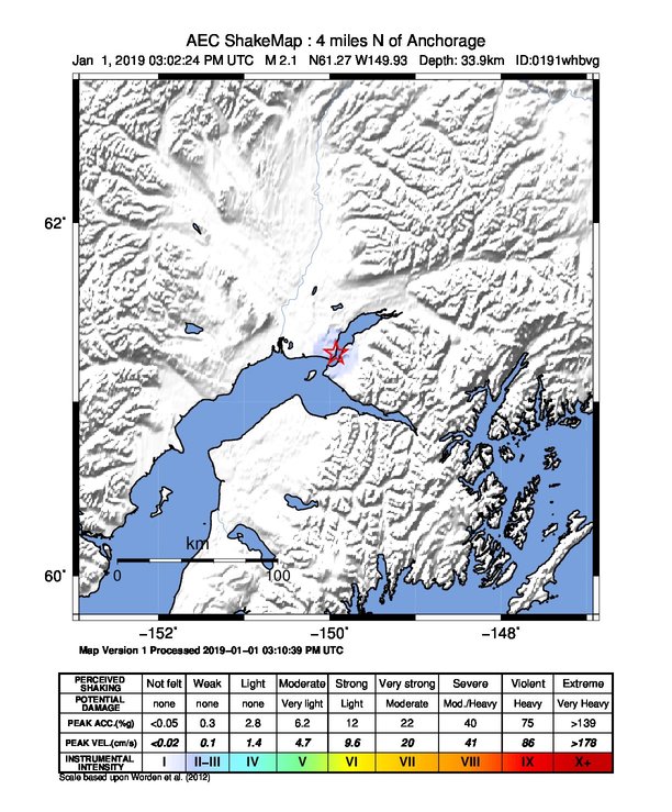 USGS ShakeMap: estimated shaking intensity around the epicenter