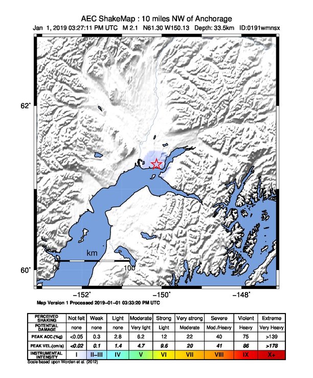 USGS ShakeMap: estimated shaking intensity around the epicenter