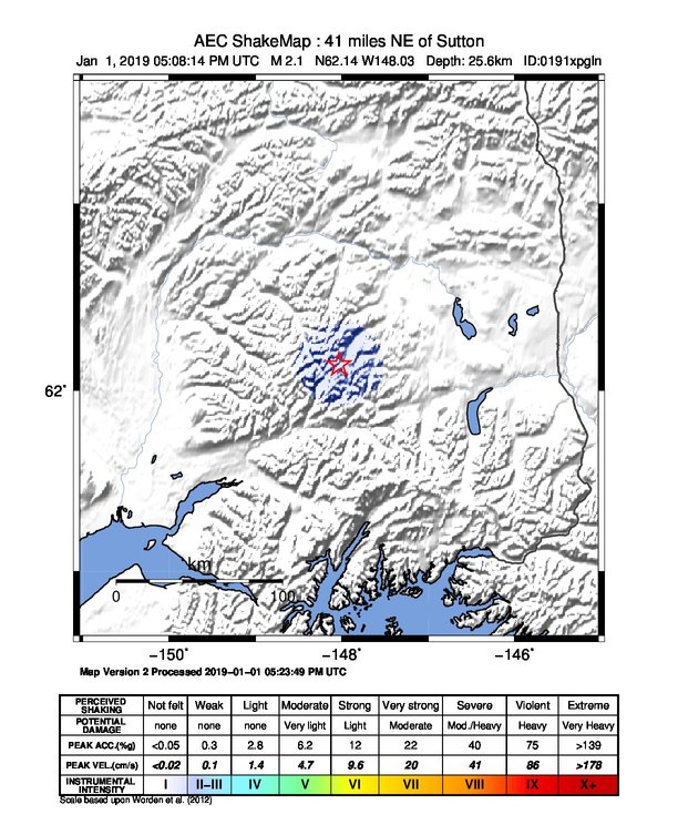 USGS ShakeMap: estimated shaking intensity around the epicenter