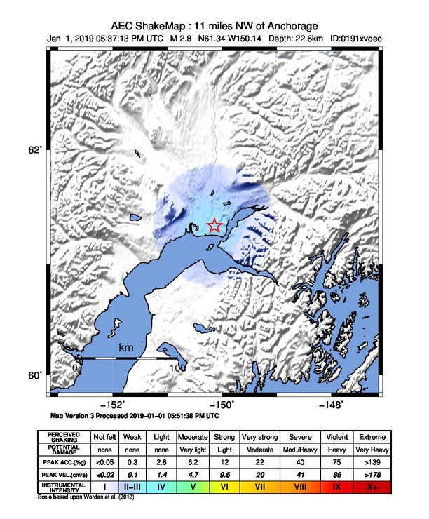 USGS ShakeMap: estimated shaking intensity around the epicenter