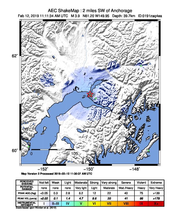 USGS ShakeMap: estimated shaking intensity around the epicenter