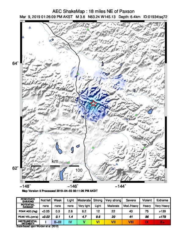 USGS ShakeMap: estimated shaking intensity around the epicenter