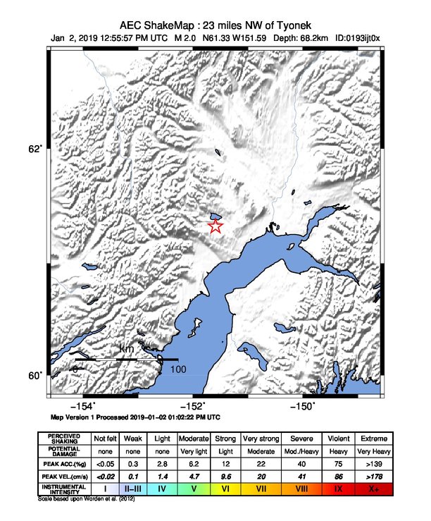 USGS ShakeMap: estimated shaking intensity around the epicenter