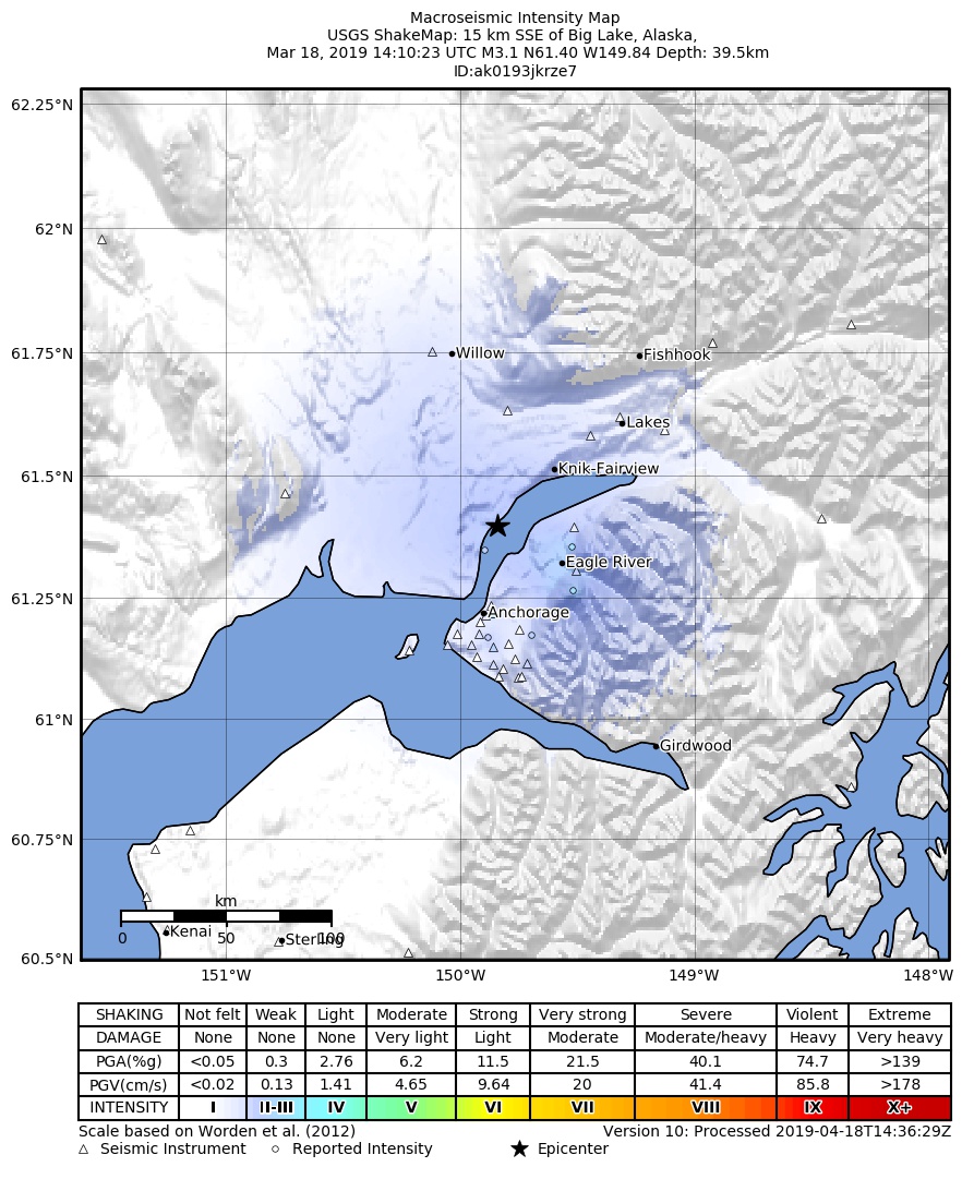 USGS ShakeMap: estimated shaking intensity around the epicenter