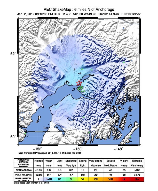 USGS ShakeMap: estimated shaking intensity around the epicenter