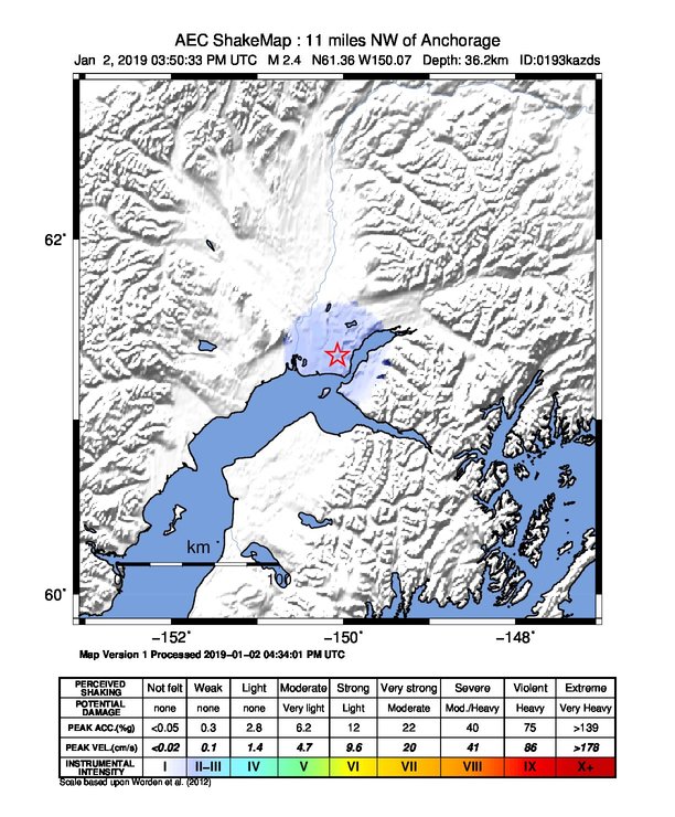 USGS ShakeMap: estimated shaking intensity around the epicenter