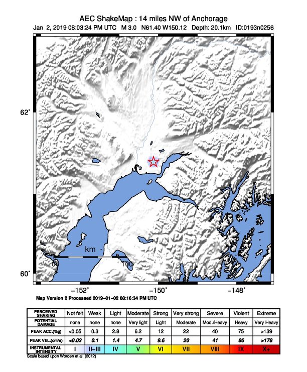 USGS ShakeMap: estimated shaking intensity around the epicenter