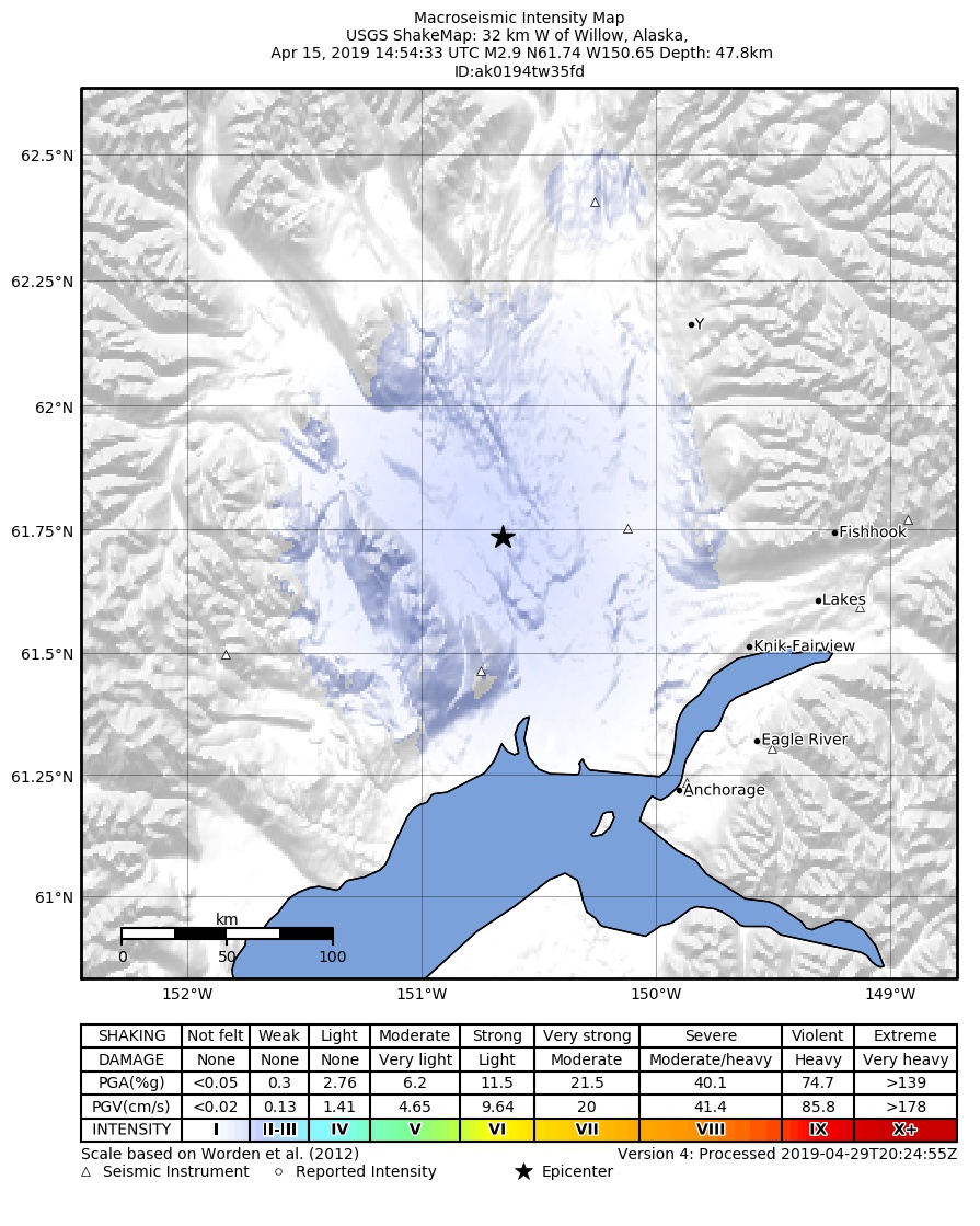 USGS ShakeMap: estimated shaking intensity around the epicenter