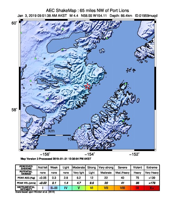 USGS ShakeMap: estimated shaking intensity around the epicenter