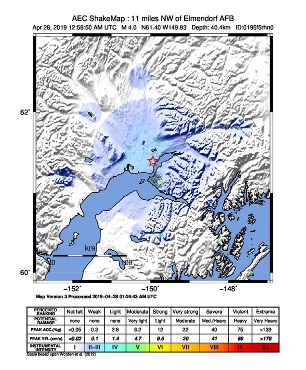 USGS ShakeMap: estimated shaking intensity around the epicenter