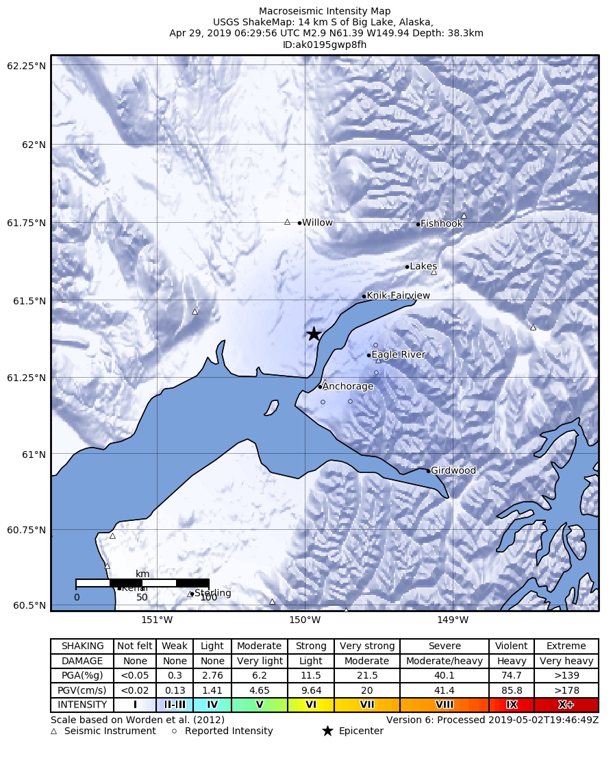 USGS ShakeMap: estimated shaking intensity around the epicenter
