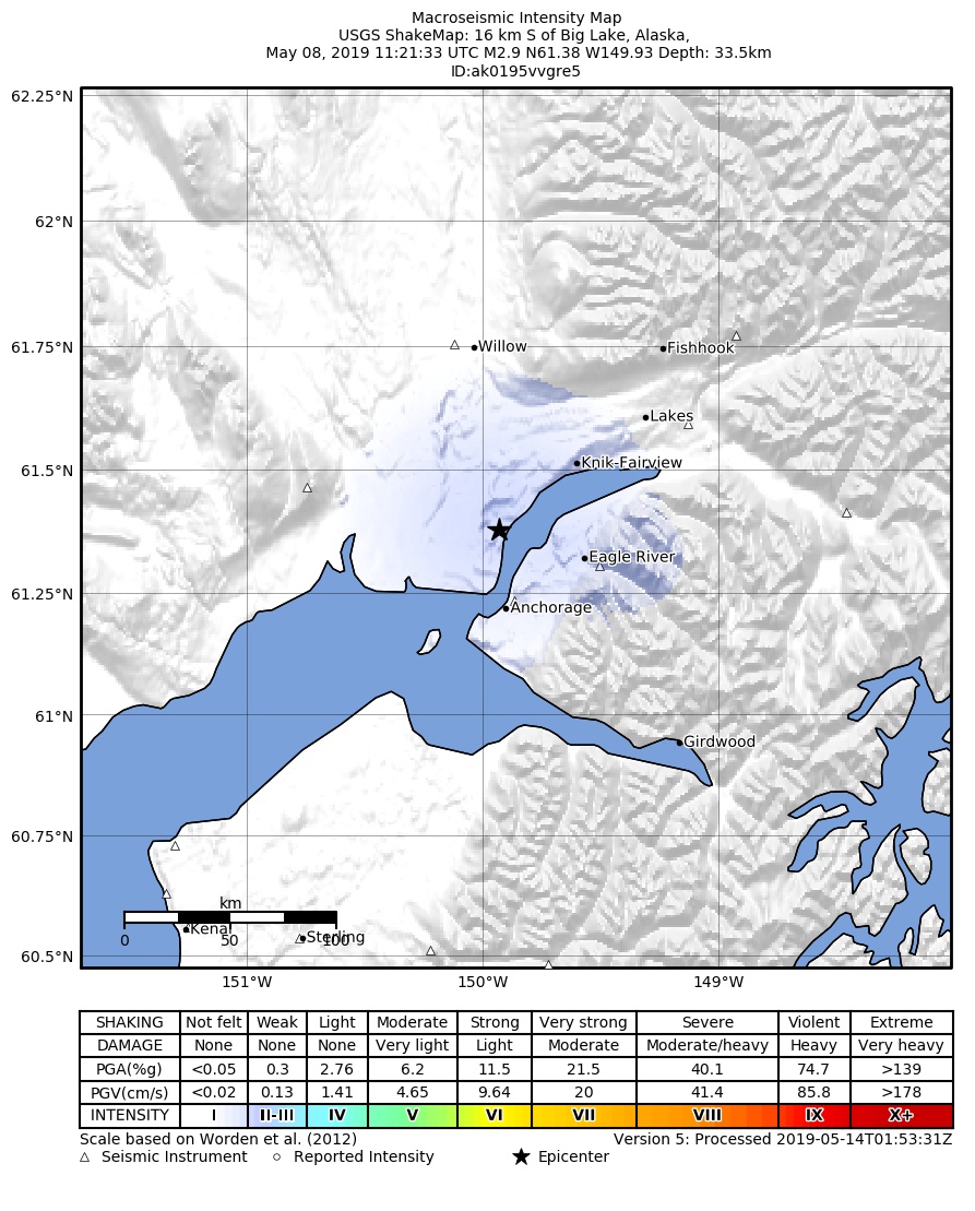 USGS ShakeMap: estimated shaking intensity around the epicenter