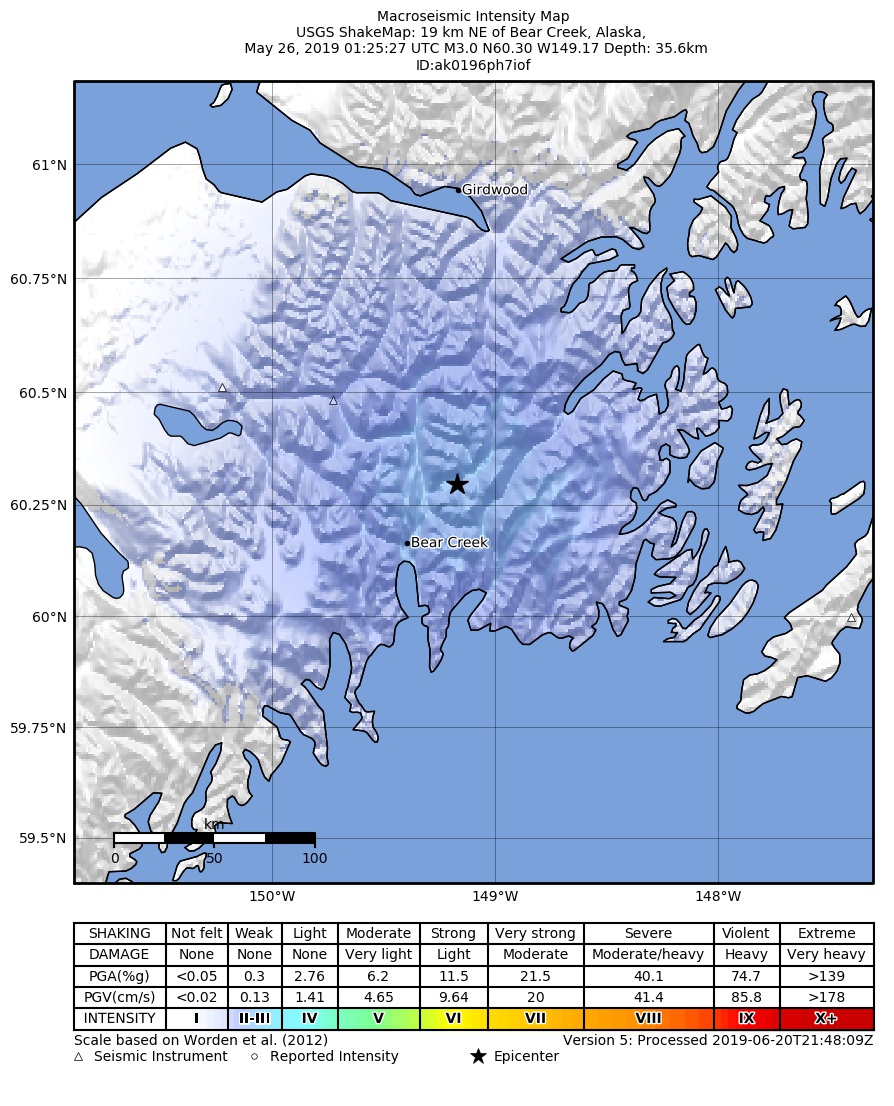 USGS ShakeMap: estimated shaking intensity around the epicenter