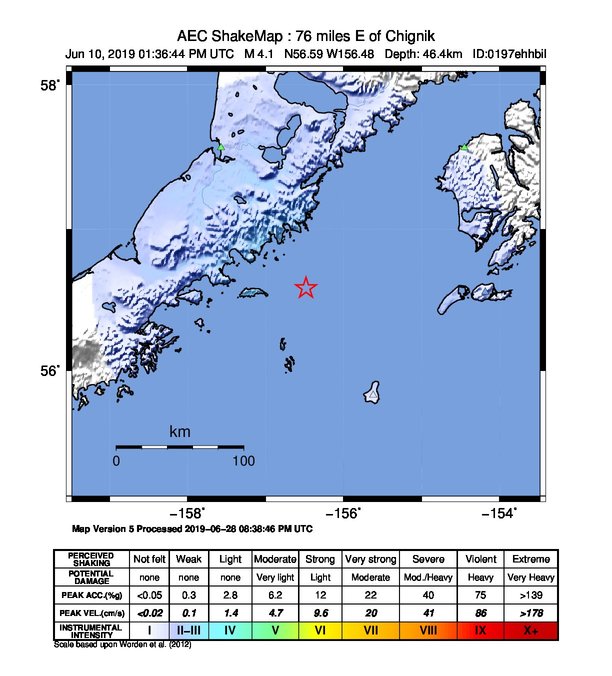 USGS ShakeMap: estimated shaking intensity around the epicenter