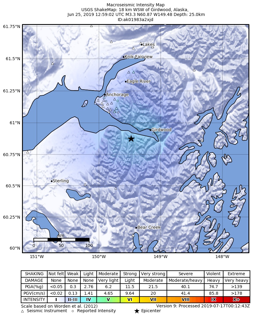 USGS ShakeMap: estimated shaking intensity around the epicenter