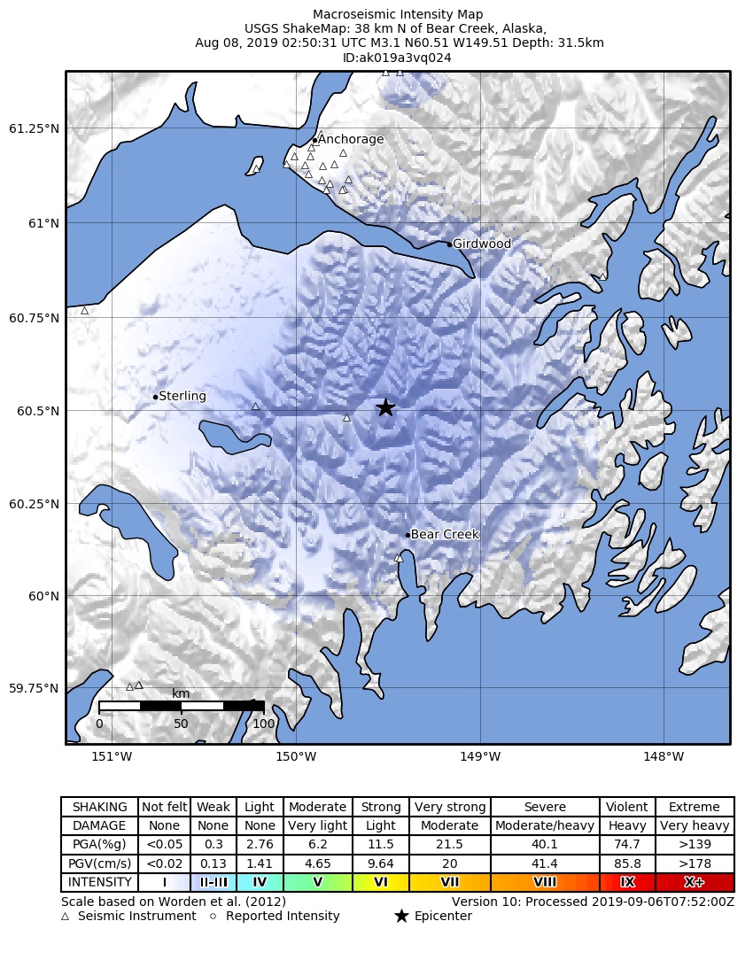 USGS ShakeMap: estimated shaking intensity around the epicenter