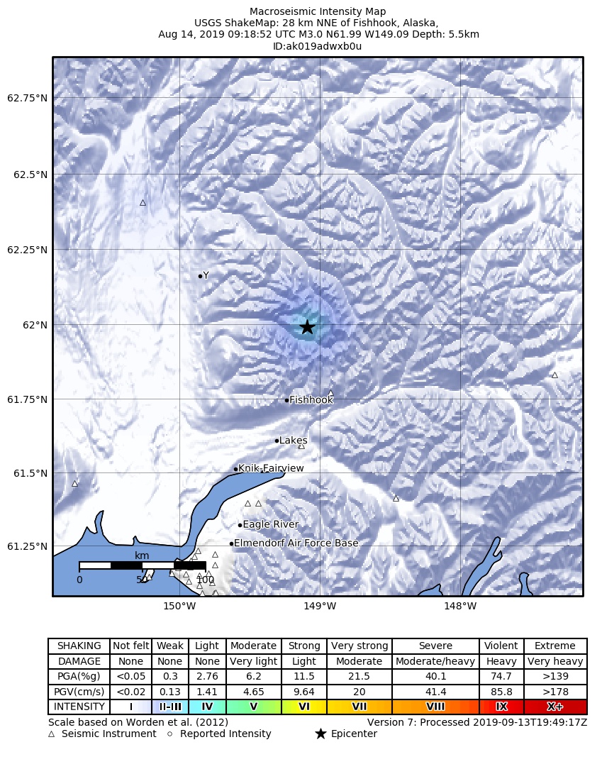USGS ShakeMap: estimated shaking intensity around the epicenter