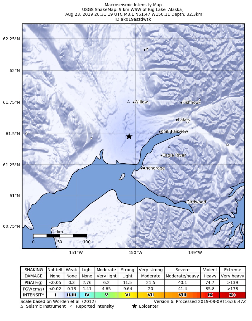 USGS ShakeMap: estimated shaking intensity around the epicenter