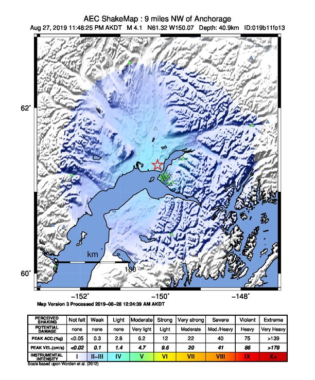 USGS ShakeMap: estimated shaking intensity around the epicenter