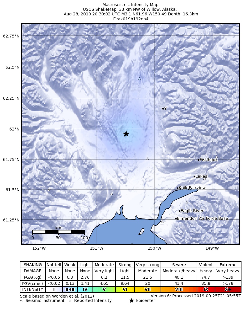 USGS ShakeMap: estimated shaking intensity around the epicenter