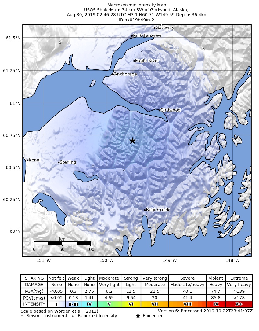USGS ShakeMap: estimated shaking intensity around the epicenter