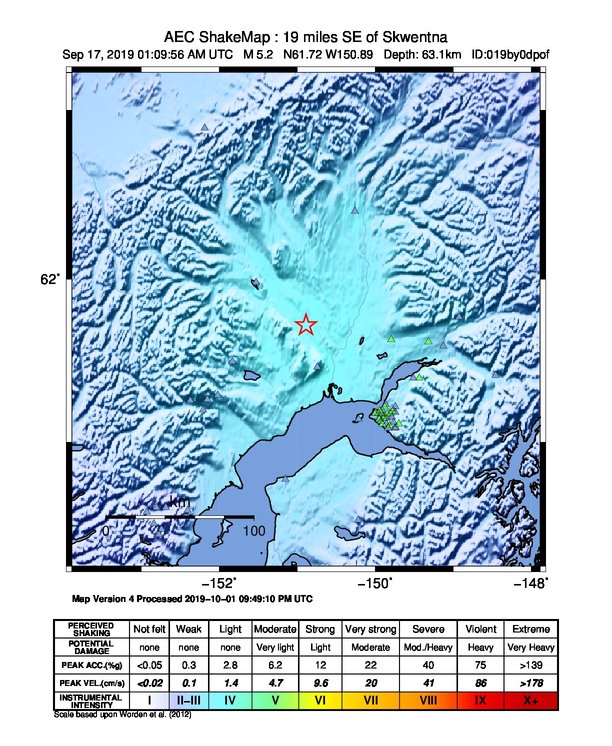 USGS ShakeMap: estimated shaking intensity around the epicenter