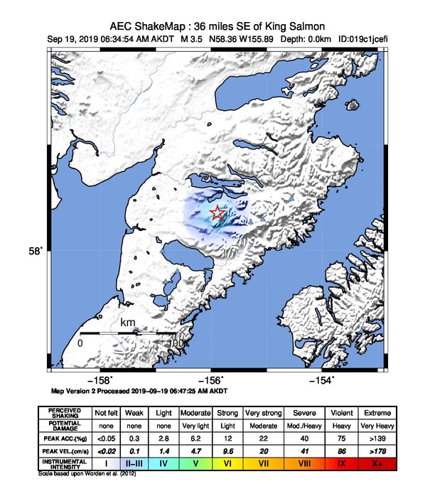 USGS ShakeMap: estimated shaking intensity around the epicenter
