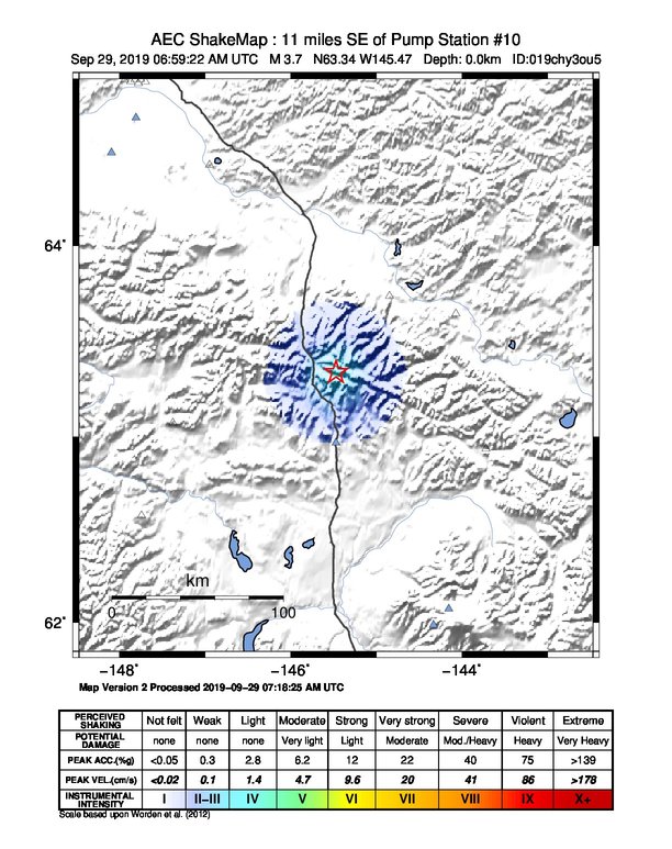 USGS ShakeMap: estimated shaking intensity around the epicenter