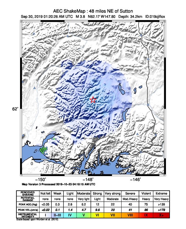 USGS ShakeMap: estimated shaking intensity around the epicenter