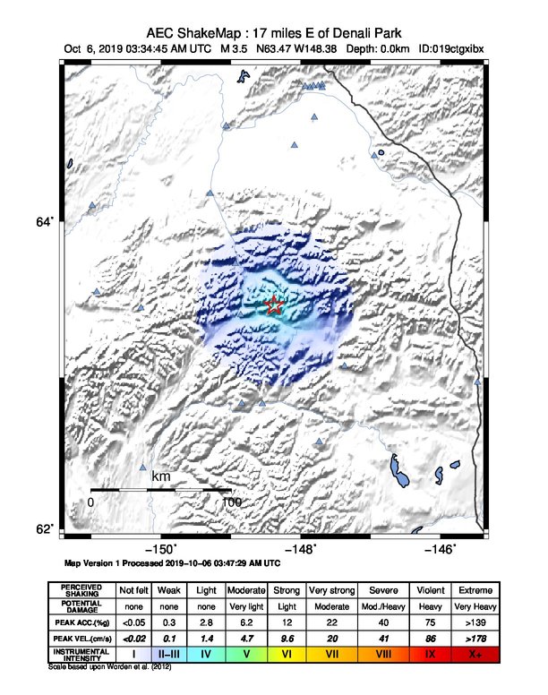 USGS ShakeMap: estimated shaking intensity around the epicenter