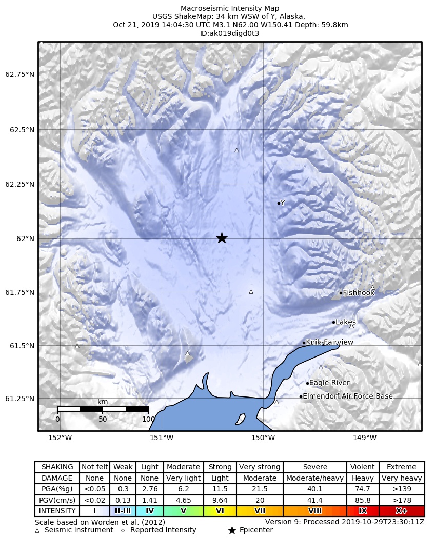 USGS ShakeMap: estimated shaking intensity around the epicenter