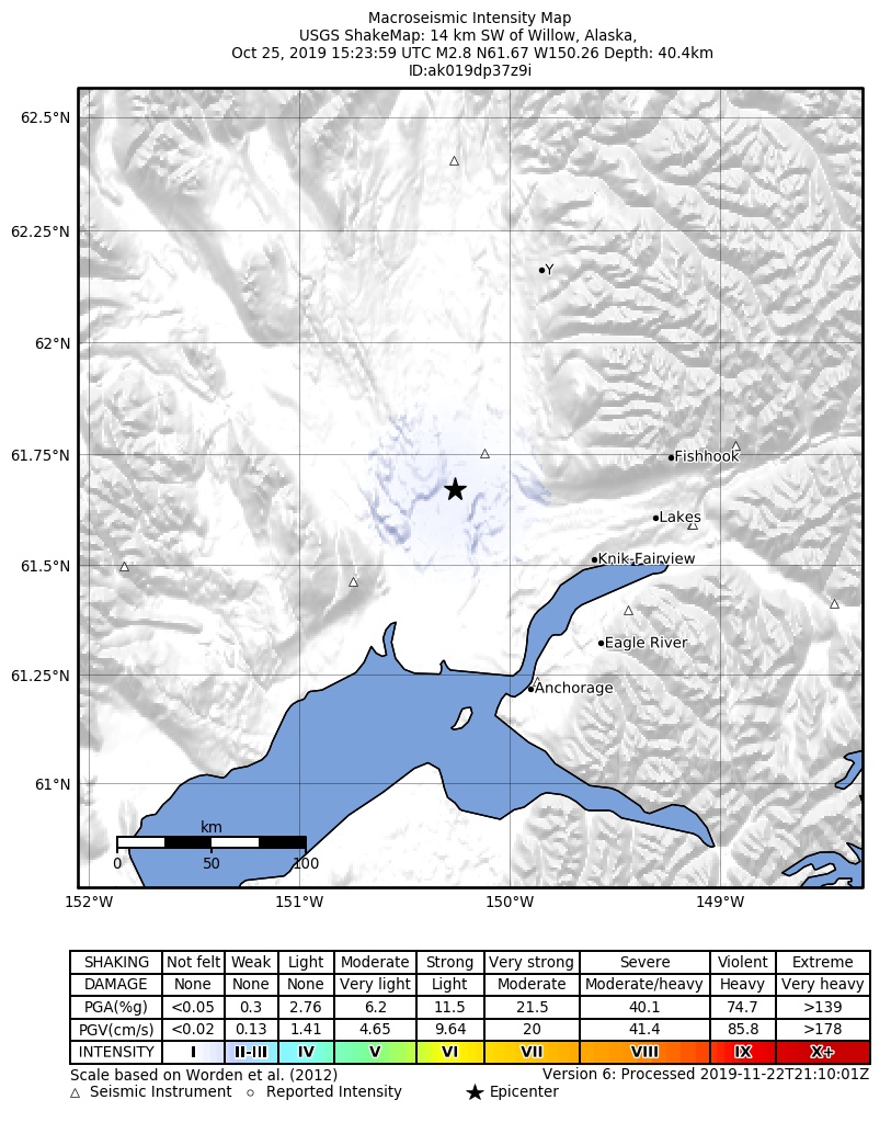 USGS ShakeMap: estimated shaking intensity around the epicenter