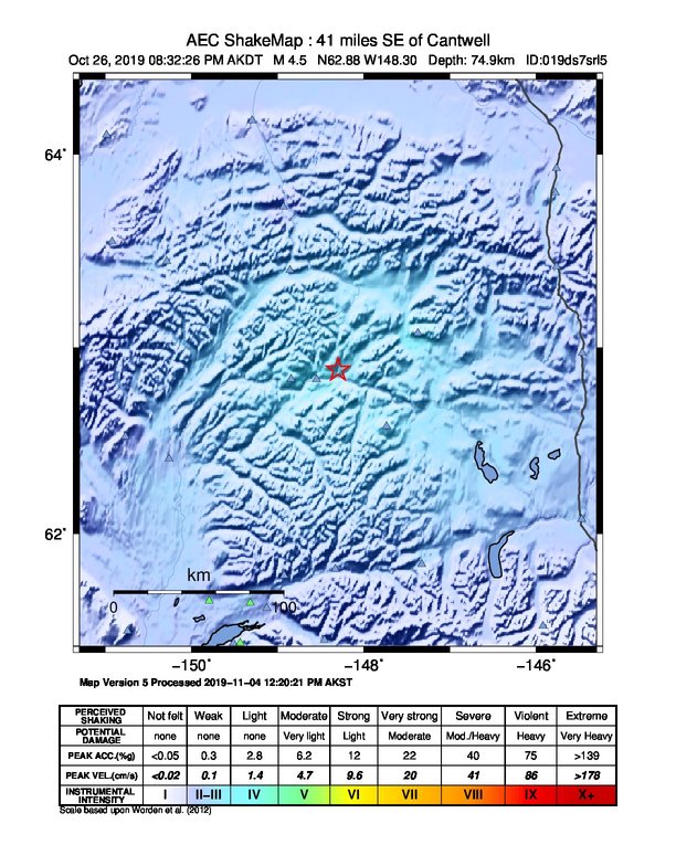 USGS ShakeMap: estimated shaking intensity around the epicenter