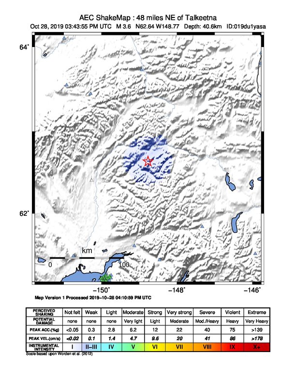 USGS ShakeMap: estimated shaking intensity around the epicenter