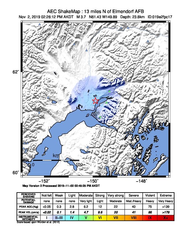 USGS ShakeMap: estimated shaking intensity around the epicenter