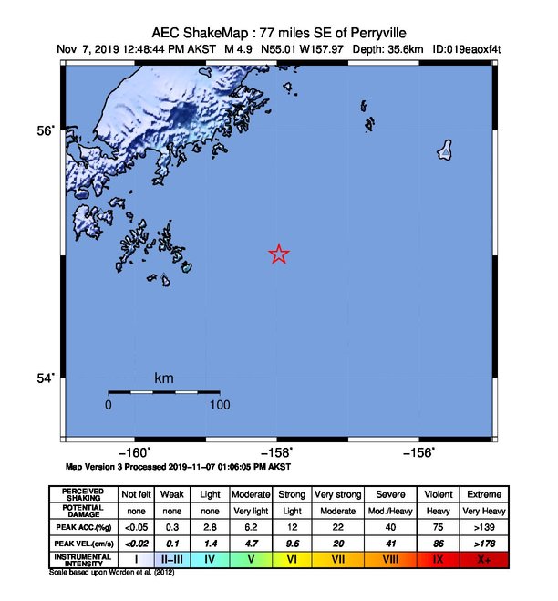 USGS ShakeMap: estimated shaking intensity around the epicenter