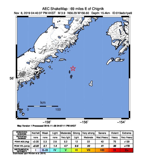 USGS ShakeMap: estimated shaking intensity around the epicenter