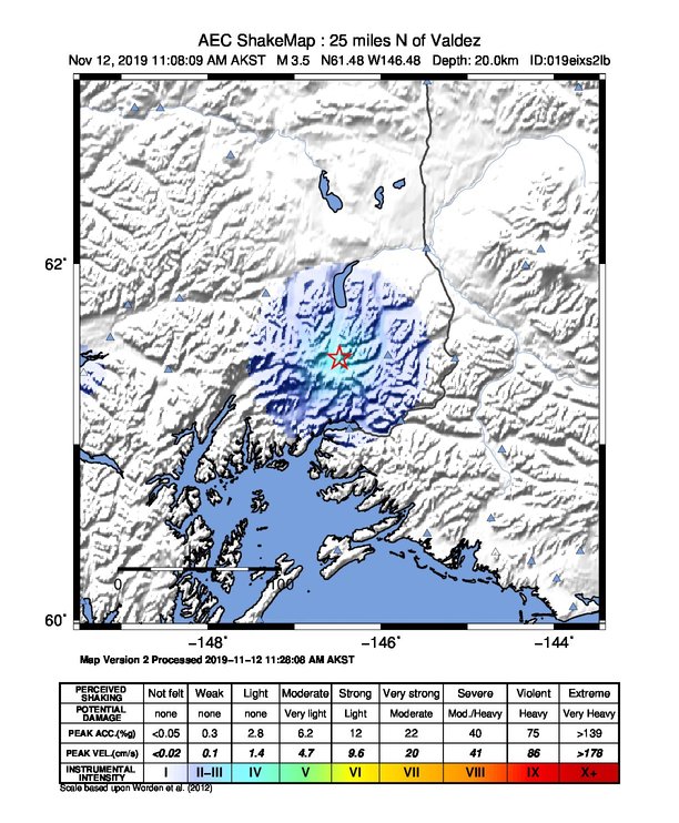 USGS ShakeMap: estimated shaking intensity around the epicenter