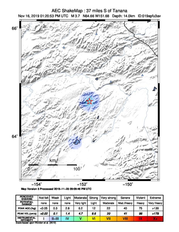 USGS ShakeMap: estimated shaking intensity around the epicenter