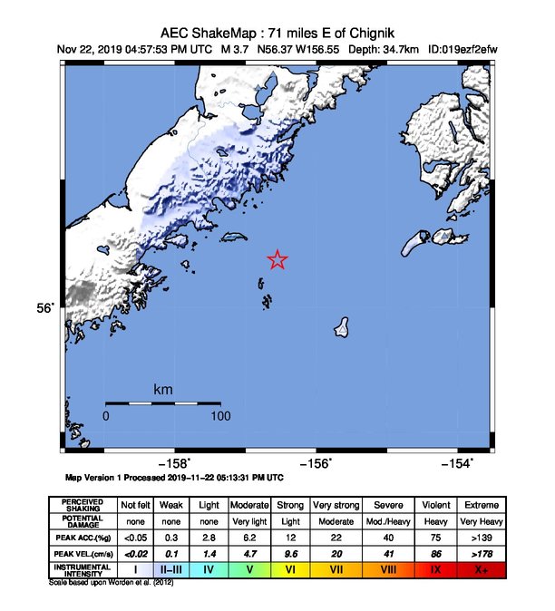 USGS ShakeMap: estimated shaking intensity around the epicenter