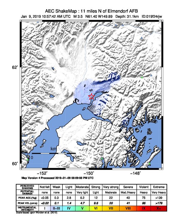 USGS ShakeMap: estimated shaking intensity around the epicenter