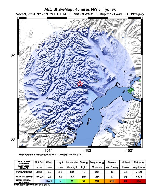 USGS ShakeMap: estimated shaking intensity around the epicenter