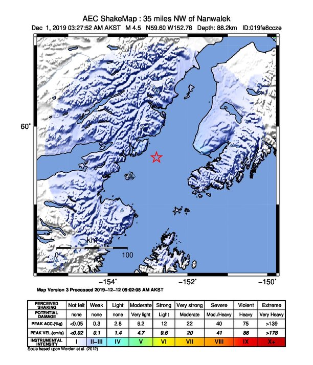 USGS ShakeMap: estimated shaking intensity around the epicenter