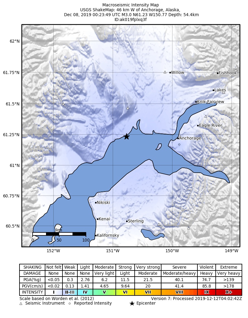 USGS ShakeMap: estimated shaking intensity around the epicenter