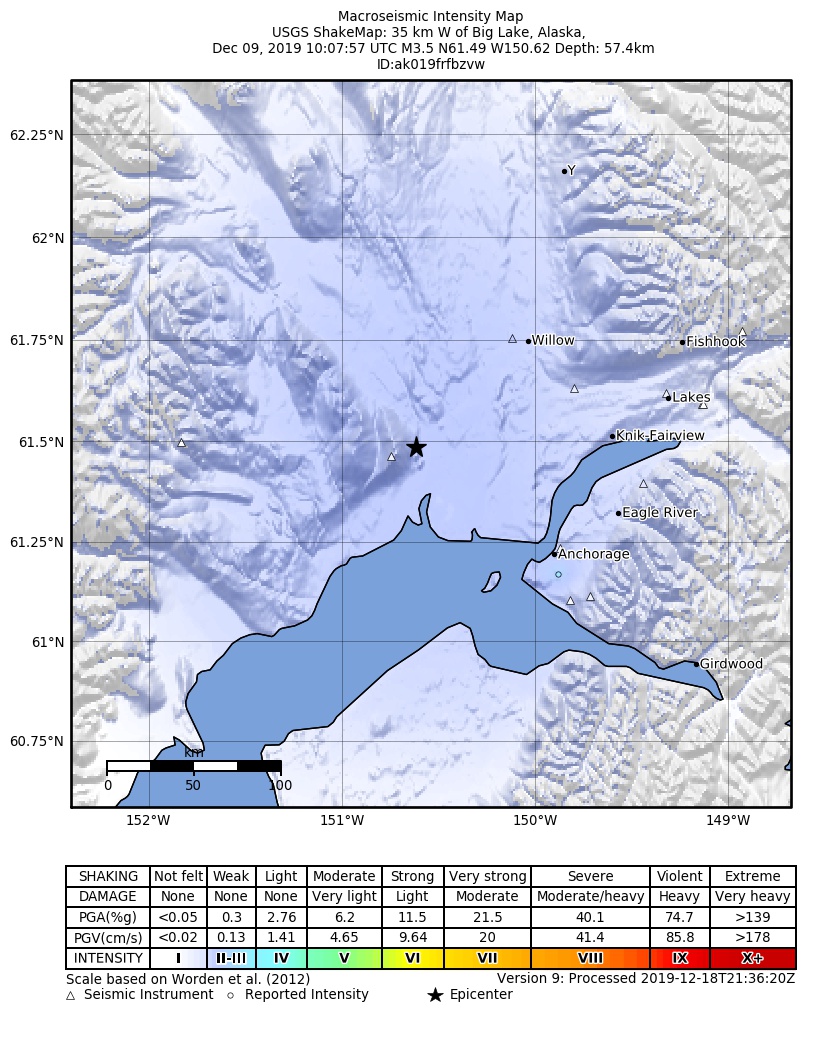USGS ShakeMap: estimated shaking intensity around the epicenter