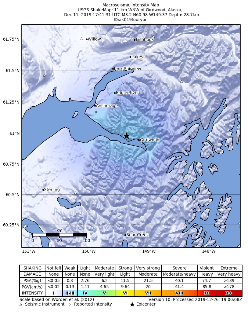 USGS ShakeMap: estimated shaking intensity around the epicenter
