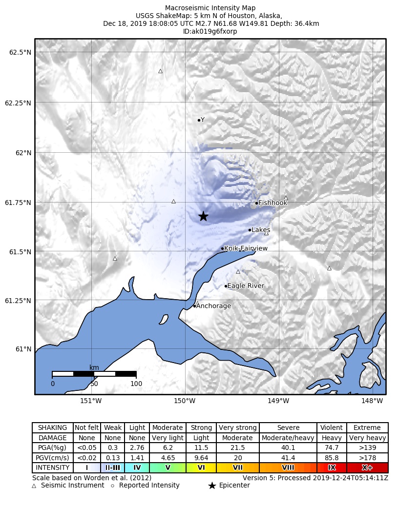 USGS ShakeMap: estimated shaking intensity around the epicenter